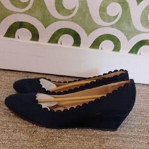 Scalloped Edge Navy Blue Suede Wedge Shoes